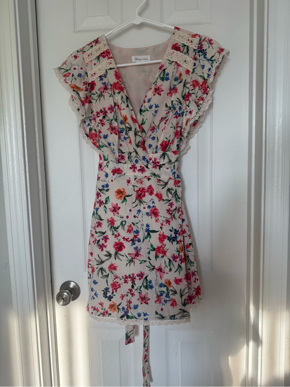Lovers + Friends Floral Lace Trim Tie Waist Mini Dress